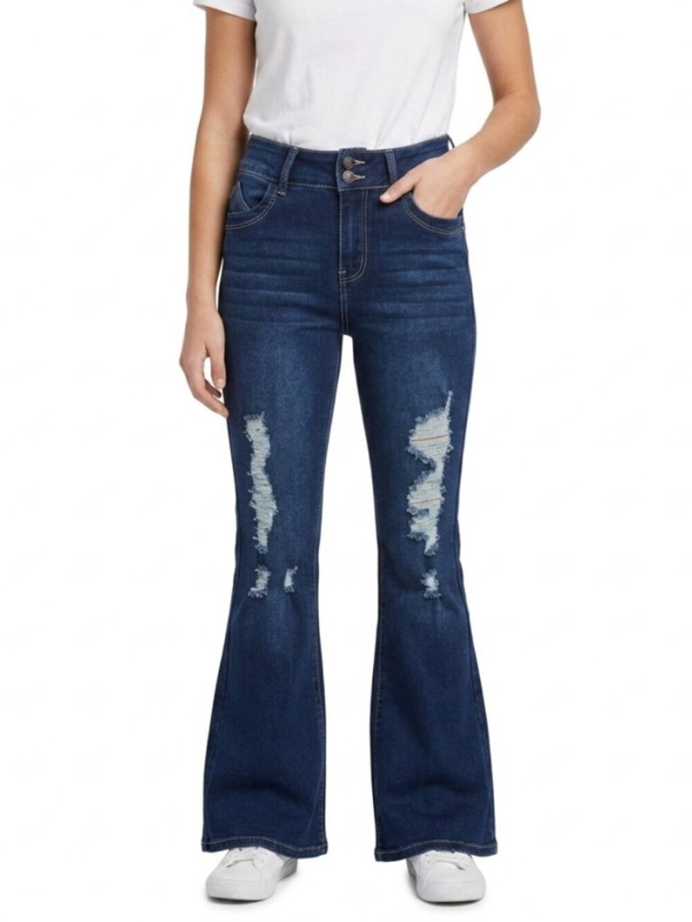 Sweet Look Women's Flare Jeans 7 Tall Bell Bottom Distressed Dark Wash High Rise
